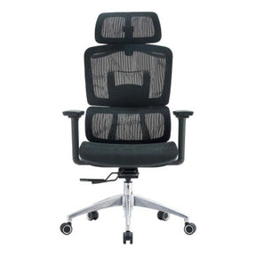 The Black Mesh with Aluminium Frame High-back Office Chair Features a Mesh Back, Adjustable Headrest, 3D Arms, and an Aluminium Base with Nylon Castors.