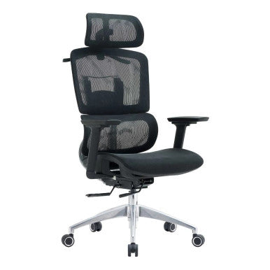 The Black Mesh with Aluminium Frame High-back Office Chair Features a Mesh Back, Adjustable Headrest, 3D Arms, and an Aluminium Base with Nylon Castors.