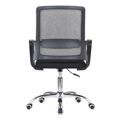 Black Mesh Office Chair with Chrome Frame, Medium-back, on Five Wheels, Suitable as Corporate Furniture, Featuring Ergonomic Design and Breathable Mesh Material, from Brand 67, in a Sleek and Modern Style.