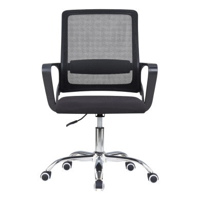 Black Mesh Office Chair with Chrome Frame, Medium-back, and Adjustable Height Mechanism, Featuring a Breathable Mesh Design and Ergonomic Support, on a Five-Star Base with Castors, from Brand 67, Model C4029.