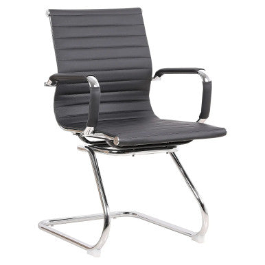 A Stylish Eames-Inspired Visitor Office Chair with a Sleek Chrome Frame and PU Leather Finish. Features Chrome Armrests with Padded PU Sleeves and a Sturdy Chrome Sleigh Base.
