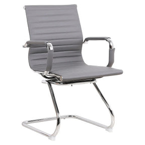 A Stylish Eames-Inspired Visitor Office Chair with a Sleek Chrome Frame and PU Leather Finish. Features Chrome Armrests with Padded PU Sleeves and a Sturdy Chrome Sleigh Base.