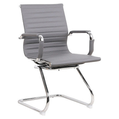 A Stylish Eames-Inspired Visitor Office Chair with a Sleek Chrome Frame and PU Leather Finish. Features Chrome Armrests with Padded PU Sleeves and a Sturdy Chrome Sleigh Base.