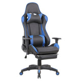A Sporty PU Leather Gaming-Style Office Chair with Adjustable Reclining Backrest and Moulded Foam Seat. Features 2D Adjustable Armrests, Integrated Footrest, and Heavy-Duty Base