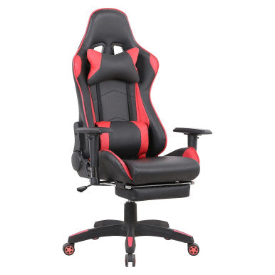A Sporty PU Leather Gaming-Style Office Chair with Adjustable Reclining Backrest and Moulded Foam Seat. Features 2D Adjustable Armrests, Integrated Footrest, and Heavy-Duty Base