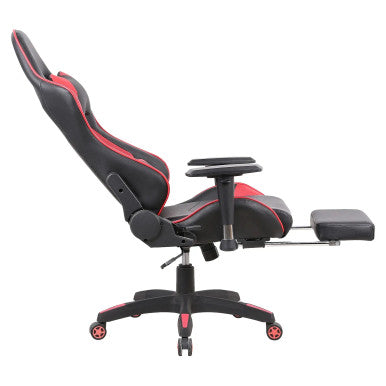 A Sporty PU Leather Gaming-Style Office Chair with Adjustable Reclining Backrest and Moulded Foam Seat. Features 2D Adjustable Armrests, Integrated Footrest, and Heavy-Duty Base