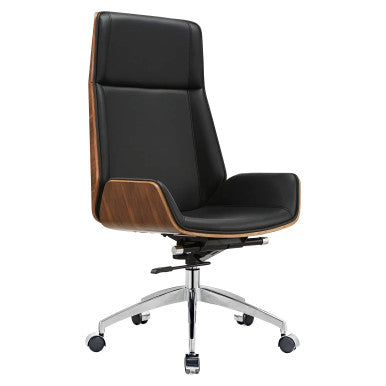 The Walnut Bonded Leather with Aluminium Frame Executive High-back Office Chair Features Black or Dark Brown Bonded Leather Upholstery, Walnut Wooden Frame Panels, and a Polished Aluminium Star Base with Castors.