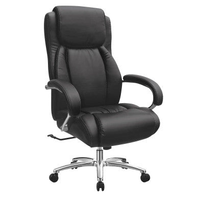 The Black Bonded Leather with Steel Frame Heavy-Duty High-back Office Chair Features Durable Bonded Leather Upholstery, Steel Armrests with PU Padding, and a Polished Steel Star Base.