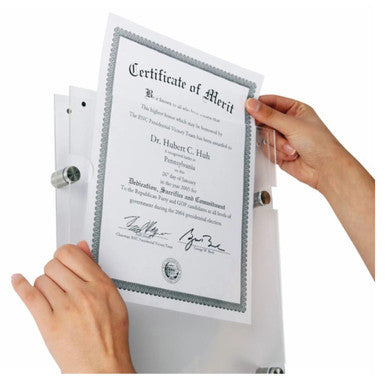 Product A3 Acrylic Wall Mounted Certificate Holder DP2003, a Clear Acrylic Wall-Mounted Certificate Display with a Certificate Inside.