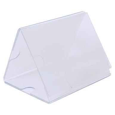 Product A5 Three Sided Acrylic Table Talker DP0305, a Clear Acrylic Display Stand with Three Sides Designed for Showcasing Menus or Signs on Tables.