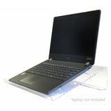Acrylic Laptop Tablet Stand DP0401, Clear Acrylic Stand Holding a Black Laptop with a 120-degree Tilt Angle for Ergonomic Viewing.