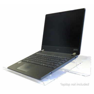 Acrylic Laptop Tablet Stand DP0401, Clear Acrylic Stand Holding a Black Laptop with a 120-degree Tilt Angle for Ergonomic Viewing.