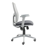 Grey Airo Medium-back Office Chair by 67, Featuring Gas Height Adjustment, on a Five-Star Base with Wheels, Showcasing Its Ergonomic Design and Sturdy Build with a Medium-back and Cushioned Seat Against a White Background.