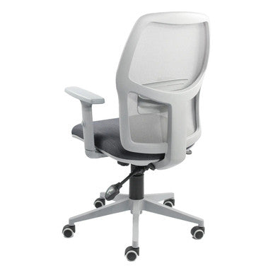 Grey Medium-back Chair by Office Stock South Africa, Airo Model, Featuring a Grey Frame, Black Seat, and Adjustable Armrest on a Five-Star Base with Wheels, Providing Ergonomic Support and Comfort.