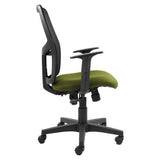 Airo Medium-back Office Chair, Ergonomic Office Chair with Green Fabric Seat Cushion, Adjustable Armrests, and a Black Plastic Frame with a Sturdy Five-Star Wheeled Base.