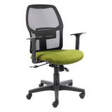 Airo Medium-back Office Chair, Ergonomic Office Chair with a Green Cushioned Seat, Black Mesh Backrest, Adjustable Armrests, and a Swivel Base with Wheels.