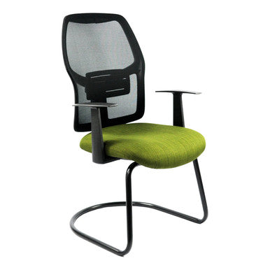 Airo Visitor Office Chair by 67, Featuring a High Strength Nylon Backrest, Green Seat, and Black Powder-Coated Frame, Showcasing Its Sleek Design and Durable Build with a Moulded Seat Shell for Comfort.
