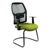 Airo Visitor Office Chair by 67, Featuring a High Strength Nylon Backrest, Green Seat, and Black Powder-Coated Frame, Showcasing Its Sleek Design and Durable Build with a Moulded Seat Shell for Comfort.