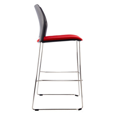 Alfa Polymer Bar Stool, Modern High Chair with a Red Cushioned Seat, Black Backrest, and Sleek Metal Frame.