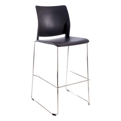 Alfa Polymer Bar Stool, Black Padded Seat and Backrest with Metal Frame and Footrest.
