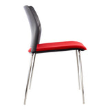Alfa Polymer Four Legged Side Chair, Modern Chair with a Black Plastic Backrest, Red Cushioned Seat, and Shiny Metal Legs.