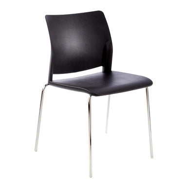 Alfa Polymer Four Legged Side Chair, Black Plastic Seat and Back with Chrome Metal Legs.