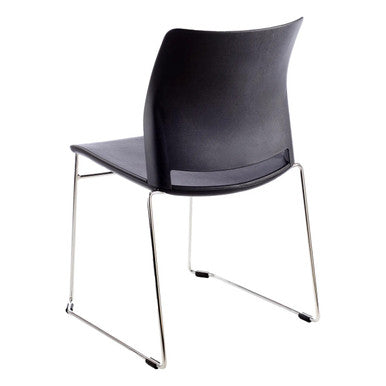 Alfa Polymer Sleigh-Base Side Chair by Office Stock South Africa, a Sleek Black Chair with a Curved Back and Silver Metal Legs, Ideal for Indoor Outdoor Seating, Showcasing Modern Design and Comfort.