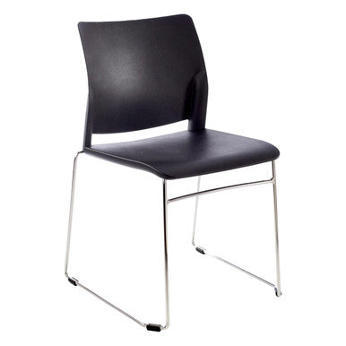 Alfa Polymer Sleigh-Base Side Chair by Office Stock South Africa, Featuring a Sleek Black Seat and Backrest with a Sturdy Silver Metal Frame, Ideal for Indoor Outdoor Seating Solutions with a Modern Aesthetic.