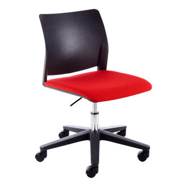 Alfa Polymer Swivel-Only Side Chair Without Arms, a Corporate Office Chair by Office Stock South Africa, Featuring a Black Back and Frame with a Red Seat, on a Five-Star Wheelbase, Providing Comfort and Style.