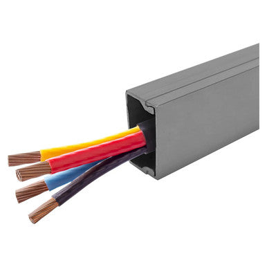 Aluminium Conduit 22 x 11 x 2900 mm Grey, Grey Rectangular Electrical Conduit with Multicolored Electrical Wires Inside.