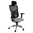 Aqua Mesh High-back Office Chair Sac-HCH-Aqu, Ergonomic Office Chair with Mesh Backrest, Adjustable Armrests, Cushioned Grey Seat, and a Headrest, on a Chrome Five-Star Base with Casters for Mobility.