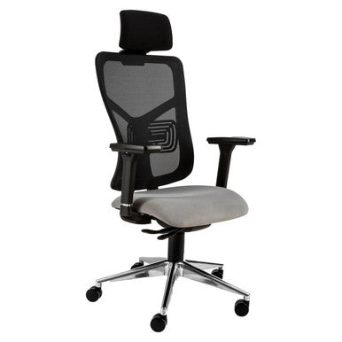 Aqua Mesh High-back Office Chair Sac-HCH-Aqu, Ergonomic Office Chair with Mesh Backrest, Adjustable Armrests, Cushioned Grey Seat, and a Headrest, on a Chrome Five-Star Base with Casters for Mobility.