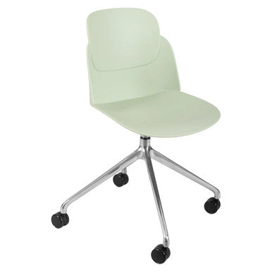 Aspen Aluminium High Base Typist Office Chair, Light Green Seat with a Cushioned Backrest, Mounted on a Sleek Aluminium Base with Five Caster Wheels for Mobility.