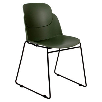 Aspen Sleigh Base Restaurant Chair, a Modern Green Chair with a Sleek Padded Seat and Backrest, Supported by a Black Metal Sled-Style Base for Durability and Style.