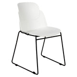 Aspen Sleigh Base Restaurant Chair, with a White Moulded Plastic Seat and Backrest, Black Metal Sled-Style Legs Designed for Commercial Dining Settings.