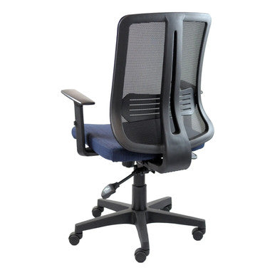 Avant Medium-back Office Chair | TEC-MCH-5040, Ergonomic Office Chair with Mesh Backrest, Blue Cushioned Seat, and Adjustable Armrests.