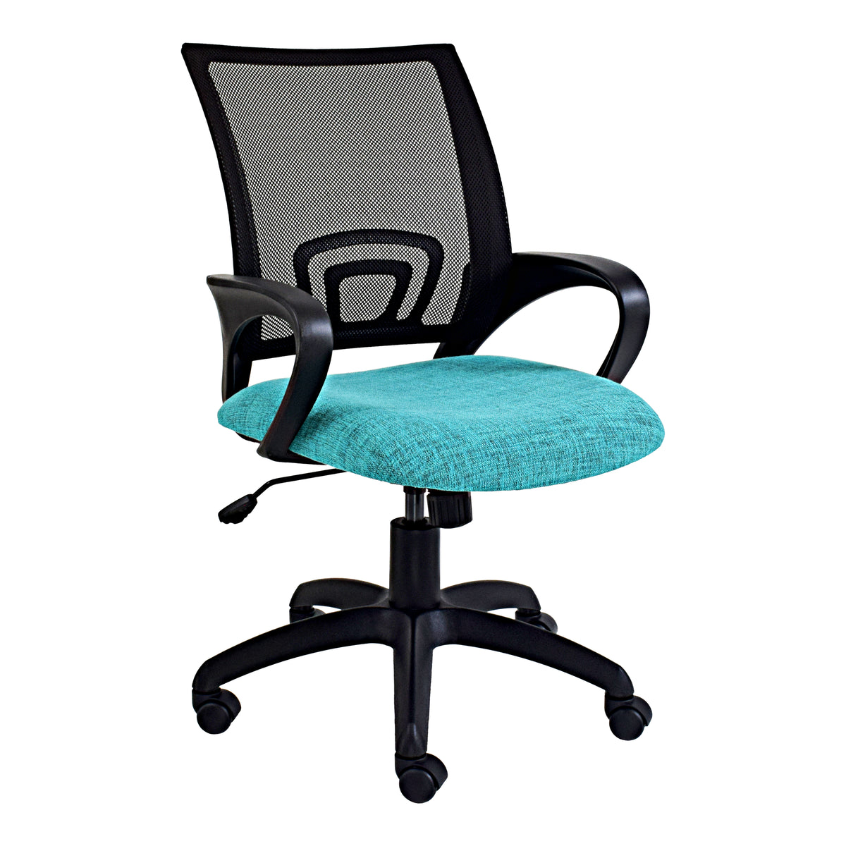 Britney mesh medium-back office chair with black mesh and turquoise seat, three-quarter view