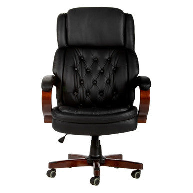 Bentley high-back office chair in bonded black leather, with solid wooden arms and a five-star base. This chair is a heavy-duty chair for 160kg. This is a front-view image of the chair.