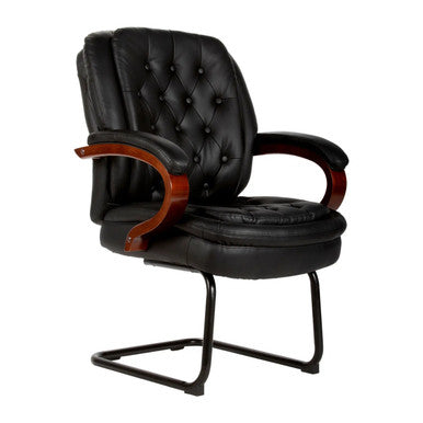 Bentley visitors chair in black bonded leather, with solid wooden arms, soft padding and a black powder-coated sleigh base frame. The image is a front 45-degree view of the chair.