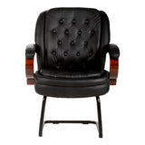 Bentley visitors chair in black bonded leather, with solid wooden arms, soft padding and a black powder-coated sleigh base frame. The image is a front view of the chair.
