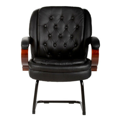 Bentley visitors chair in black bonded leather, with solid wooden arms, soft padding and a black powder-coated sleigh base frame. The image is a front view of the chair.