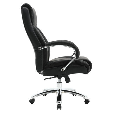 Big and Tall 500LBS High-back Office Chair, Black Leather Ergonomic Executive Chair with Chrome Accents, Adjustable Height, and Rolling Caster Wheels.