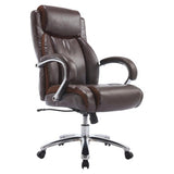 Big and Tall 500LBS High-back Office Chair, Brown Leather Ergonomic Desk Chair with Padded Armrests, Adjustable Height, and a Sturdy Chrome Base with Caster Wheels.