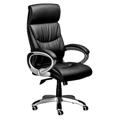 Big Guy Ceo High-back Chair, Black Leather Ergonomic Office Chair with High Backrest, Padded Headrest, Padded Armrests, and Adjustable Height on a Wheeled Base.