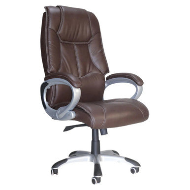 Big Guys Md Heavy Duty High-back Office Chair, Ergonomic Brown Leather Office Chair with High Backrest, Padded Seat, and Armrests, Featuring a Durable Metal Base with Wheels for Mobility.