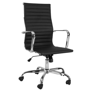 Blaze High-back Chair, Modern Ergonomic Office Chair with Black Leather Finish, Adjustable Height, Chrome Armrests, and a Swivel Base with Caster Wheels.