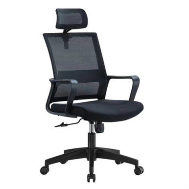 Black Blink High-back Office Chair by 67 with Breathable Netted Backrest, Adjustable Headrest, and Ergonomic Design, Featuring a Sturdy Base with Wheels, Showcasing a Sleek and Modern Aesthetic.