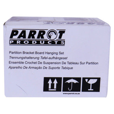Parrot Products, Partition Bracket Board Hanging Set 30 mm to 75 mm in Packaging with Product Description and Handling Symbols.