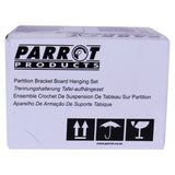 Parrot Products, Partition Bracket Board Hanging Set 30 mm to 75 mm in Packaging with Product Description and Handling Symbols.