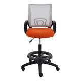 Britney Mesh Draughtsman Chair by 67, Featuring an Orange Seat, Black Frame, and Adjustable Seating, with a Durable Mesh Back and Five-Star Base with Wheels, Ideal for Ergonomic and Comfortable Office Use.